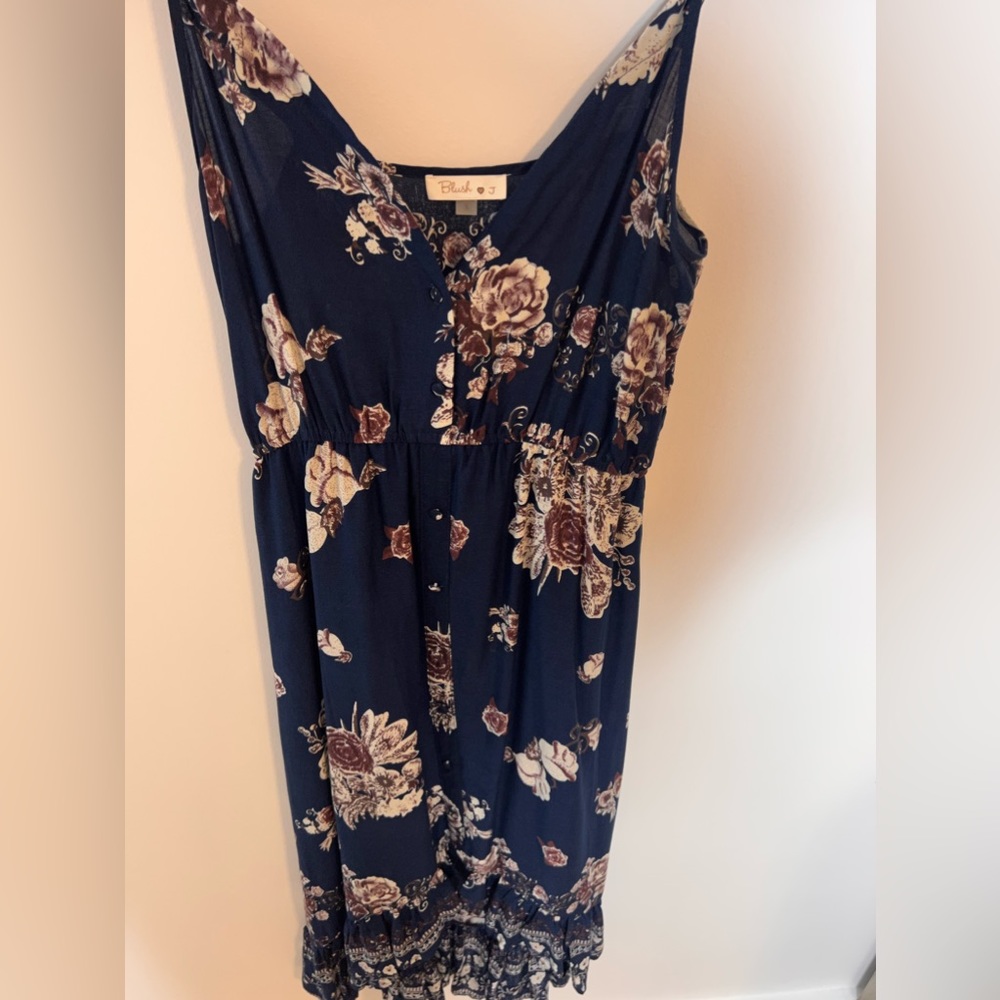 Lightweight summer dress, navy blue with flower pattern.  Great for summer.